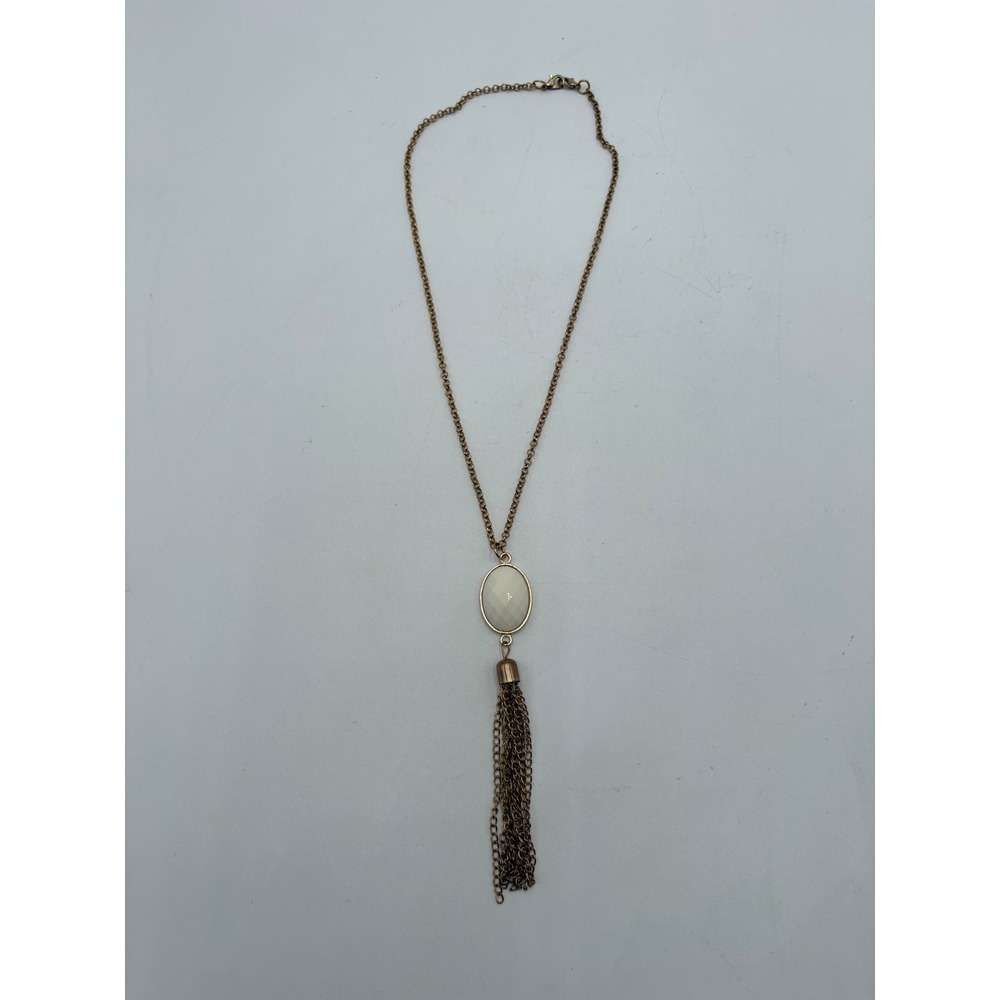 Gold Tone Long Chain Necklace White Faceted Stone Pendant Multi Strand Tassel - Picture 2 of 9